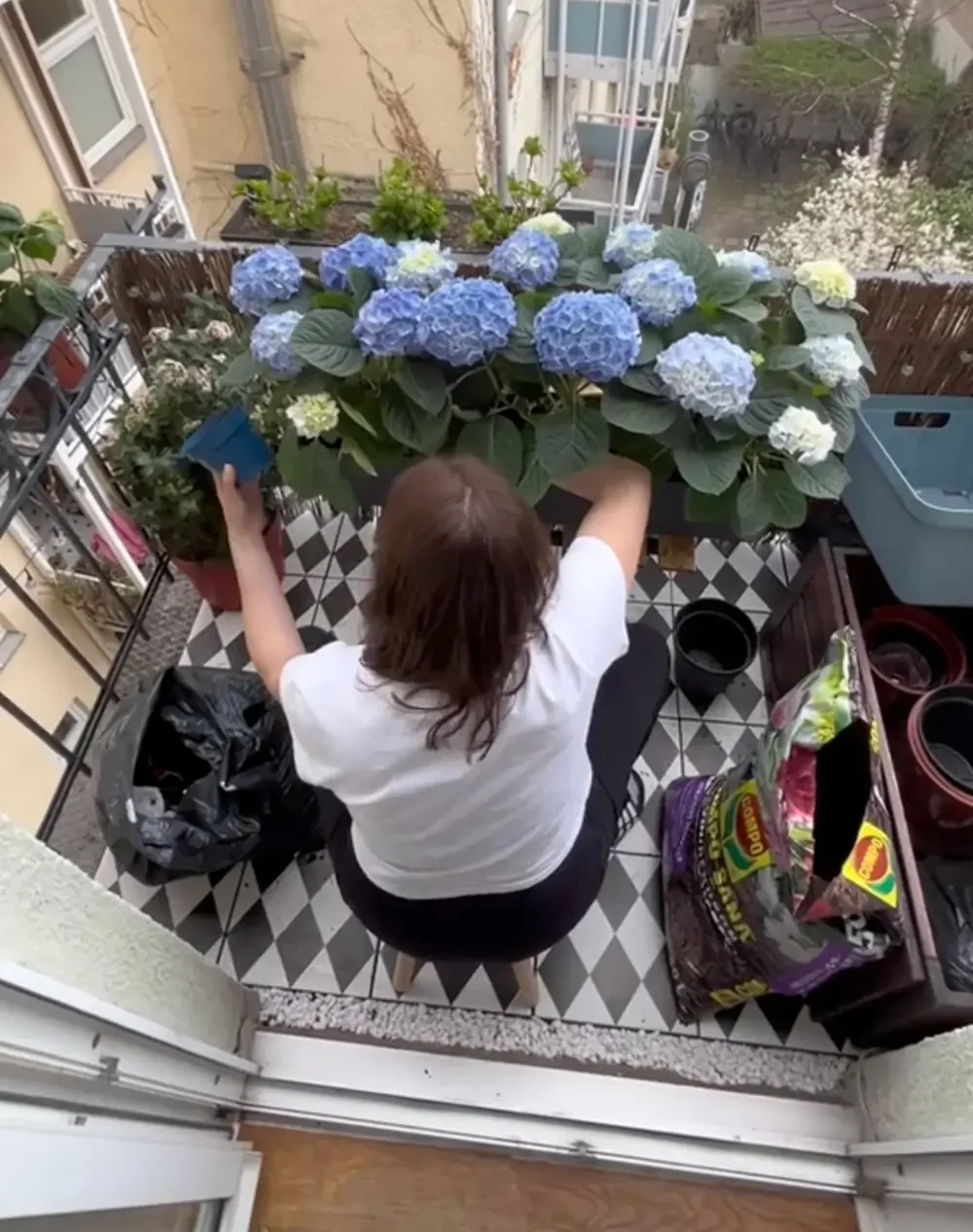 30letá Španělka se přestěhovala do Německa a pomocí recyklovaného nábytku IKEA a hortenzií proměnila malý špinavý balkon o rozloze 1 m² v útulný a stylový koutek.