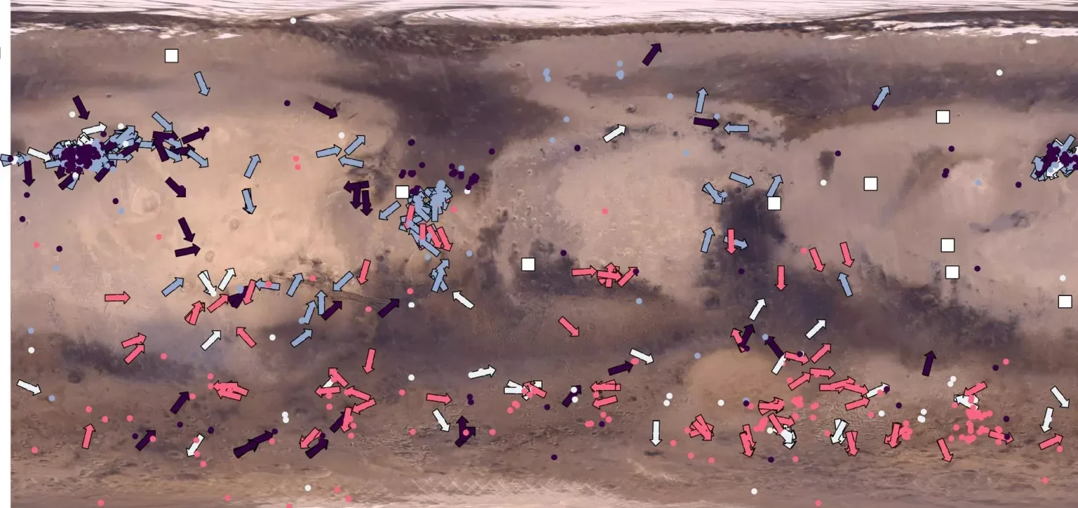 Analýza více než tisíce prachových bouří na Marsu ukazuje, že rychlost větru přesahuje 150 km/h.