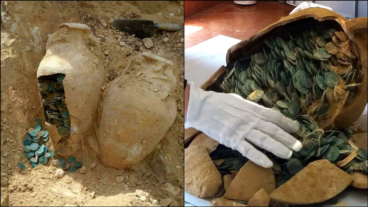 Byly objeveny pohřbené nádoby naplněné římskými mincemi starými 1800 let.