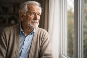 Idoso a olhar pela janela. Crédito: Foto AI