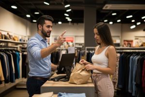 Mulher a realizar uma troca numa loja. Crédito: Freepik AI