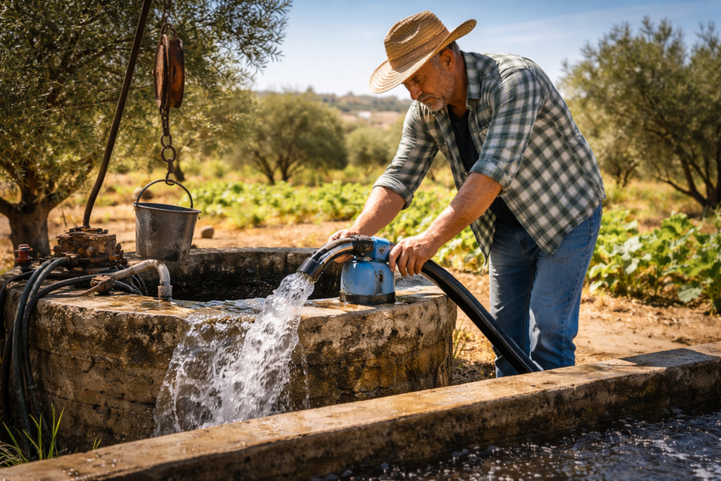 Agricultor a tirar água de poço. Crédito: Foto AI