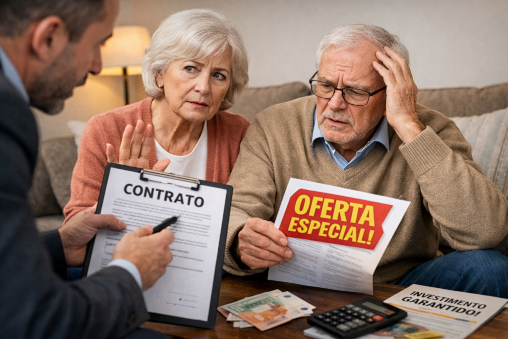 Casal idoso a ser alvo de burla. Crédito: Foto AI