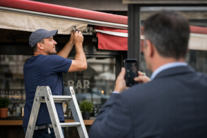 Trabalhador apanhado a arranjar toldo durante baixa. Crédito: Foto AI
