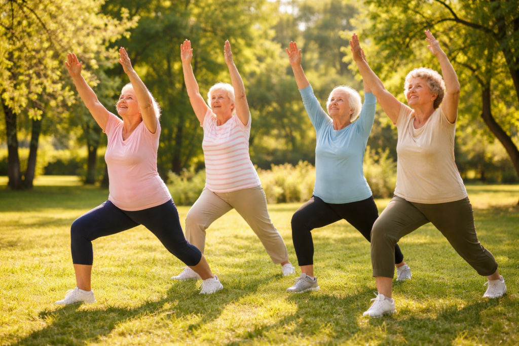 Grupo de amigas a praticar exercício físico. Crédito: Foto AI
