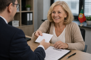 Mulher a receber reembolso. Crédito: Foto AI