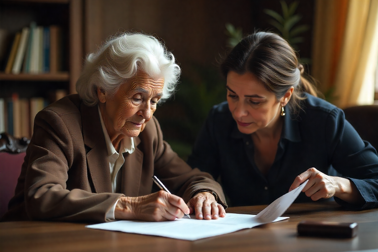 Idosa a assinar documento de herança. Crédito: Freepik AI
