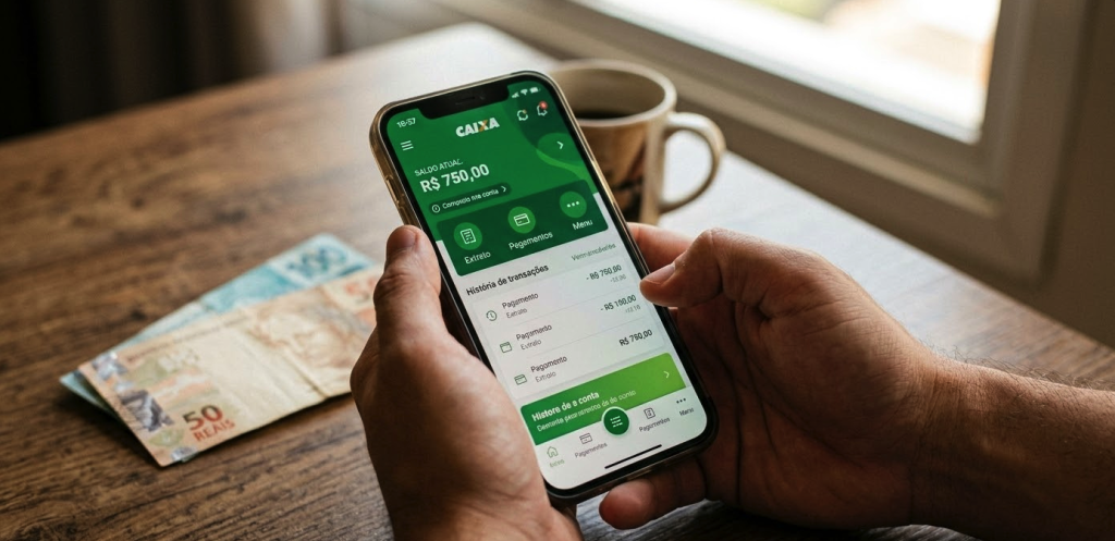 Beneficiário consultando o saldo e o calendário Bolsa Família março no aplicativo Caixa Tem pelo celular.