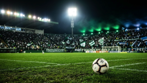 Bola no gramado da Arena Condá se preparando para Chapecoense x Grêmio pelo Brasileirão.