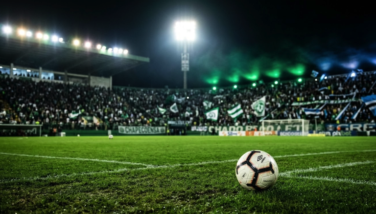Bola no gramado da Arena Condá se preparando para Chapecoense x Grêmio pelo Brasileirão.