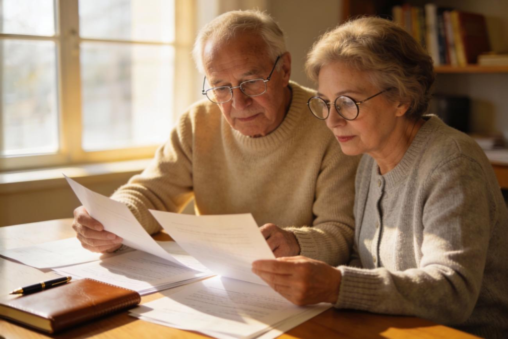 Casal de idosos a analisar papéis. Crédito: Freepik AI