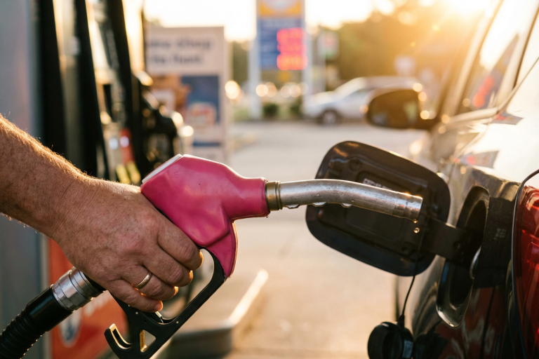 Homem a pegar na mangueira de combustível rosa. Crédito: Freepik AI