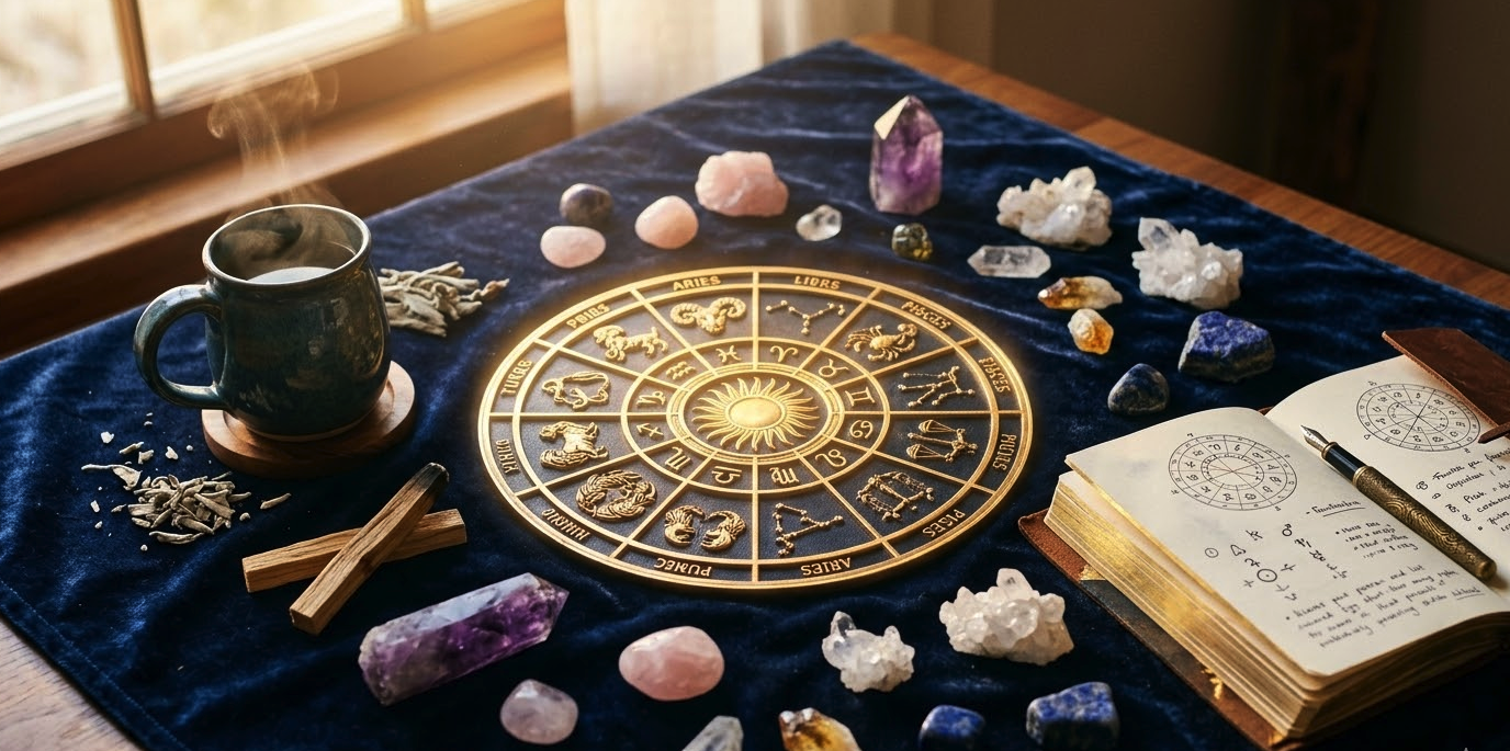 Roda do zodíaco e cristais ilustrando as previsões do horóscopo de hoje 12 de março.