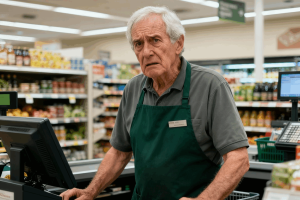 Funcionário idoso de supermercado. Crédito: Freepik AI