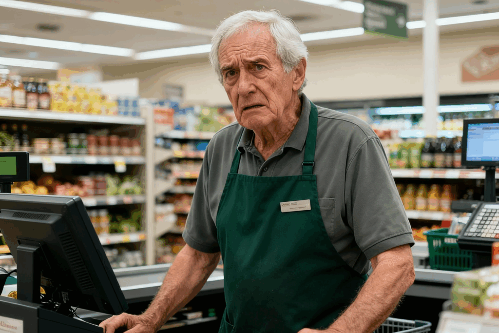 Funcionário idoso de supermercado. Crédito: Freepik AI