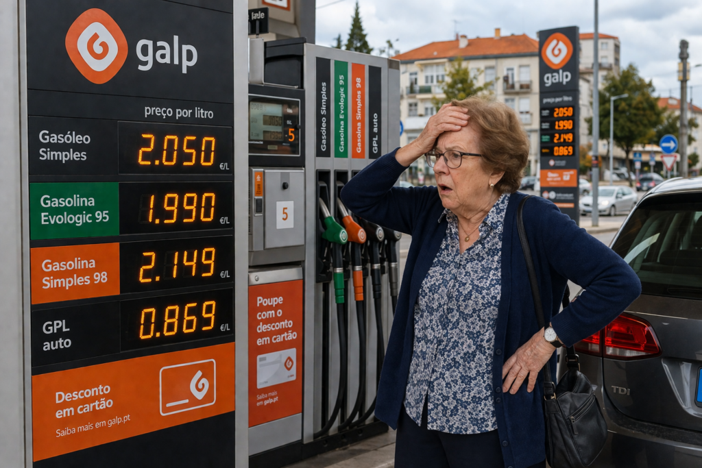 Idosa a olhar para preço dos combustíveis. Crédito: Foto AI