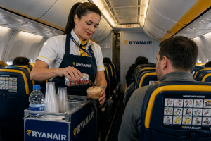 Hospedeira a servir bebida. Crédito: Foto AI