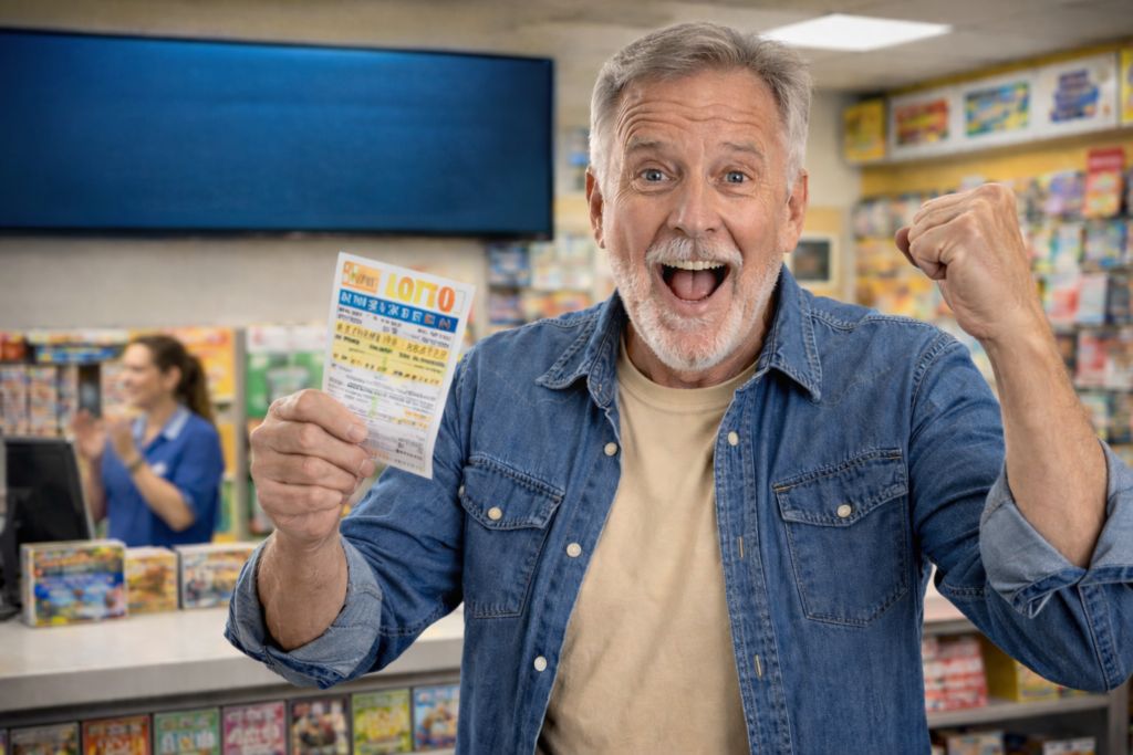 Homem após ganhar a lotaria. Crédito: Foto AI