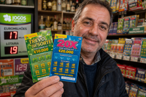 Homem a segurar raspadinhas. Crédito: Foto AI