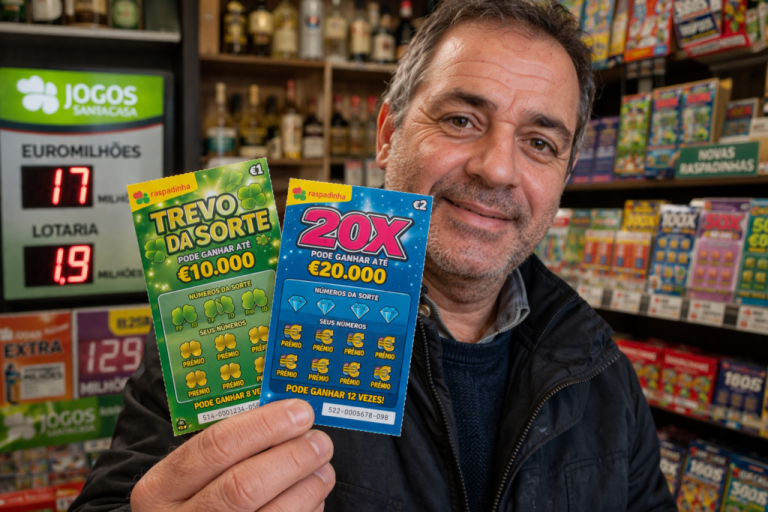 Homem a segurar raspadinhas. Crédito: Foto AI