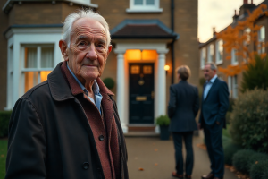 Idoso à frente de uma casa. Crédito: Freepik AI