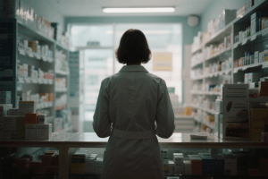 Farmacêutica de costas numa farmácia. Crédito: Freepik AI