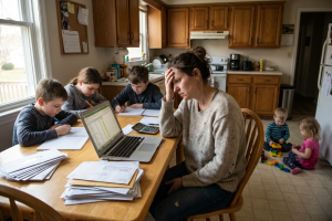Mãe com os cinco filhos na cozinha. Crédito: Freepik AI