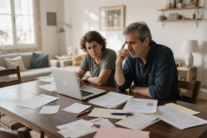 Casal a tratar de papelada. Crédito: Freepik AI