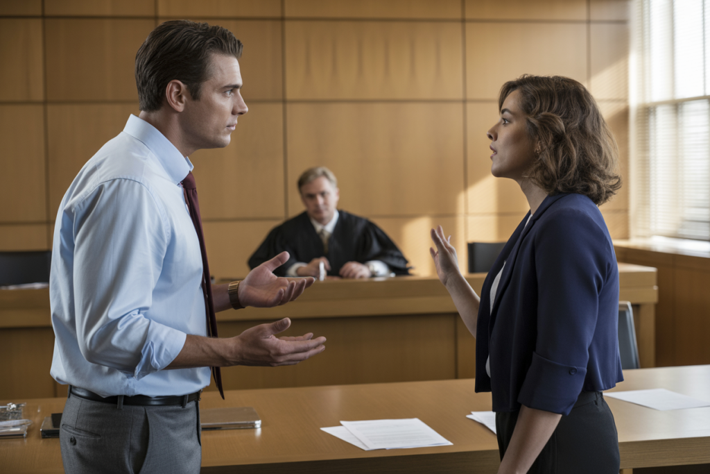 Pessoas a discutir em tribunal. Crédito: Freepik AI