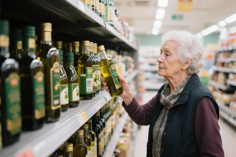 Idosa a escolher azeite no supermercado. Crédito: Freepik AI