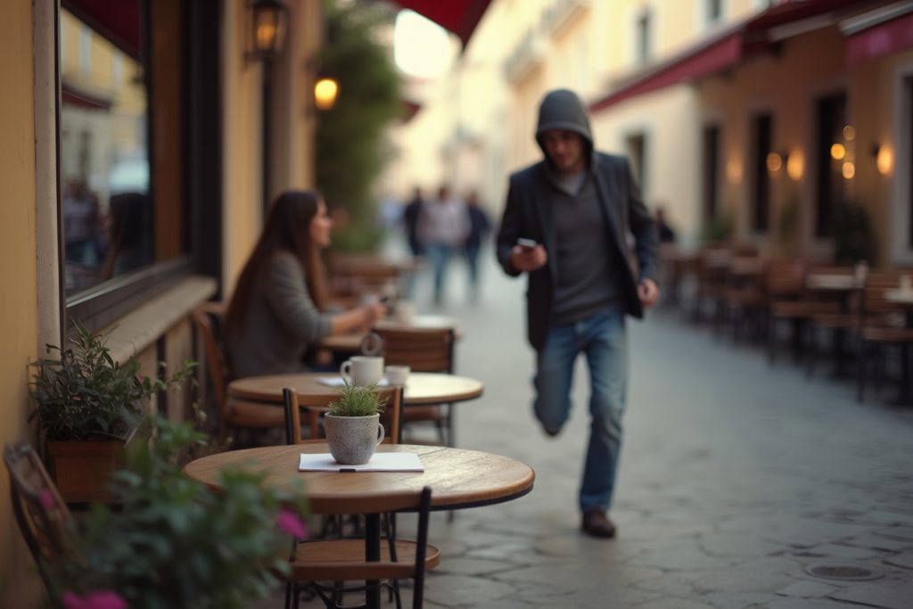 Ladrão a fugir com telemóvel roubado. Crédito: Freepik AI