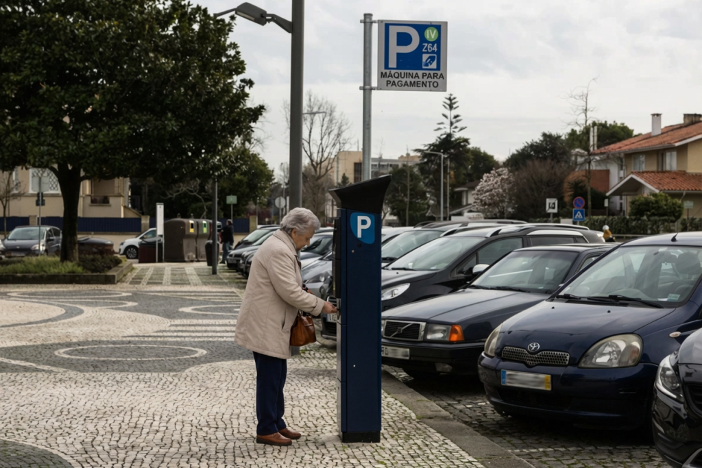 Pessoa idosa a pagar num parquímetro. Crédito: Freepik AI
