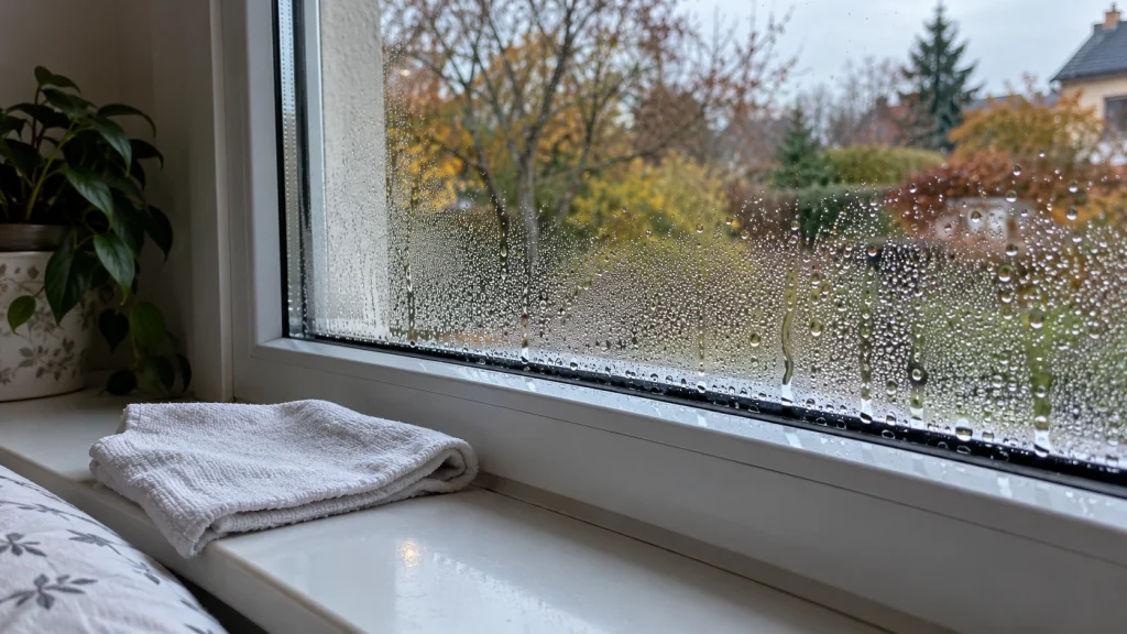 Kapky kondenzátu na vnitřní straně okna a složená utěrka na parapetu