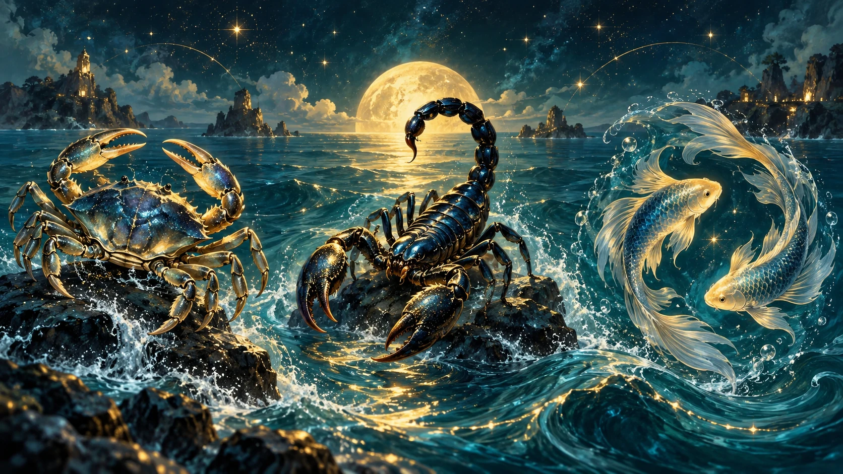 Krab, štír a dvojice ryb v modrozlaté ilustraci tří vodních znamení